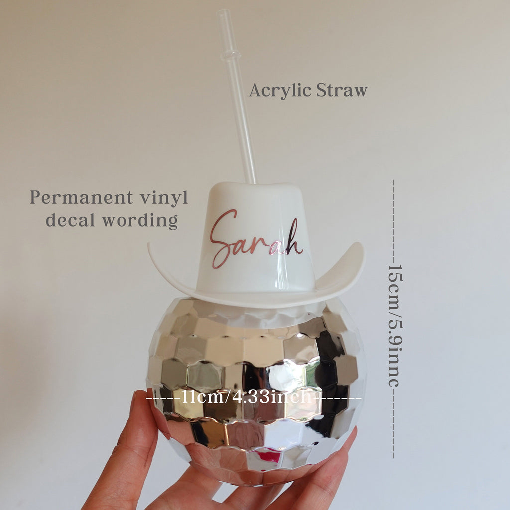 Personalised Cowboy Hat Disco Ball Cup with Clear Straw 600ML