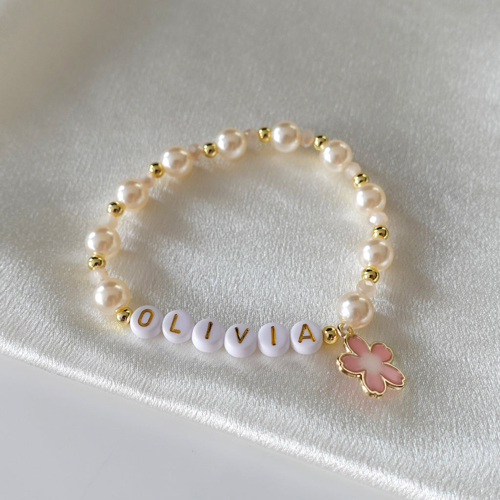 Personalised Name Flower Girl Charm Pearl Bracelet