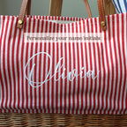 Customized striped Linen Rattan Bag, Leather Handle,