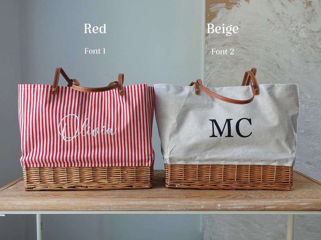 Customized striped Linen Rattan Bag, Leather Handle,
