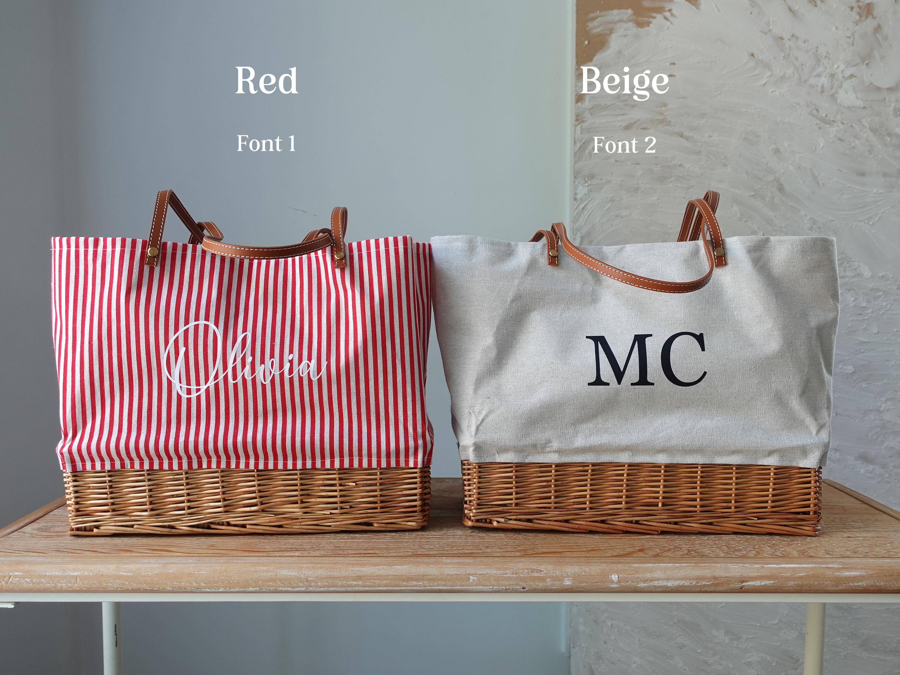 Customized striped Linen Rattan Bag, Leather Handle,
