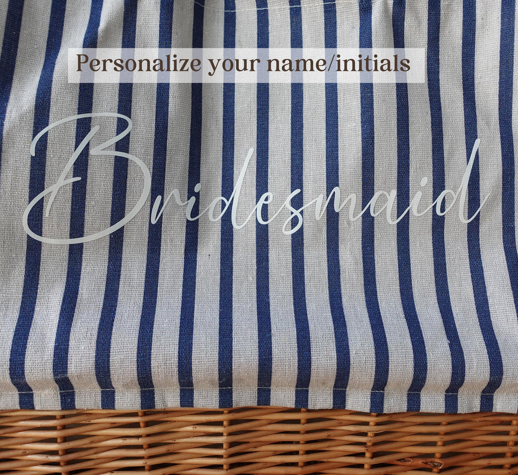 Customized striped Linen Rattan Bag, Personalized Bag