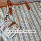 Personalized Striped Tote Bag with  Leather Handles