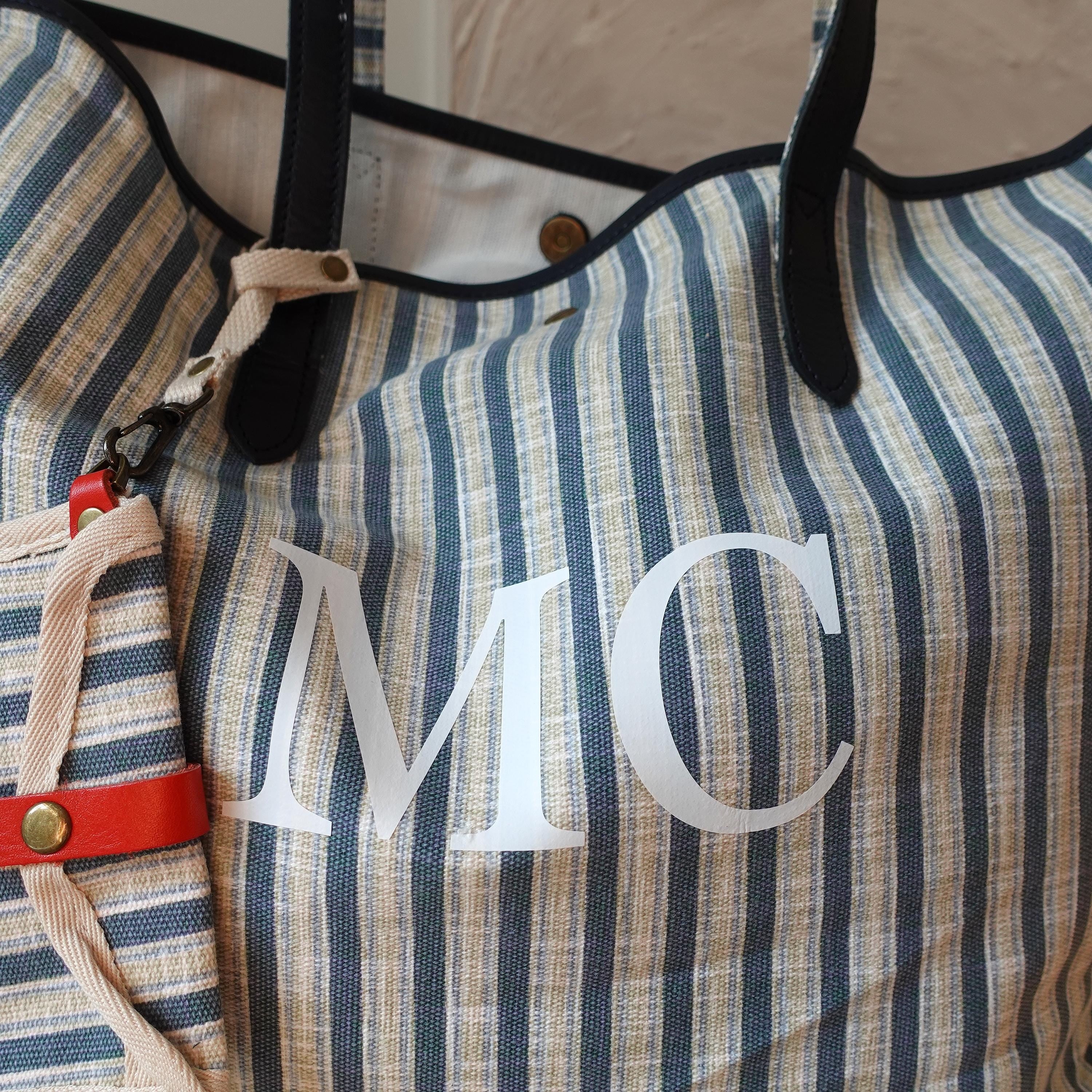 Personalized Striped Tote Bag with  Leather Handles