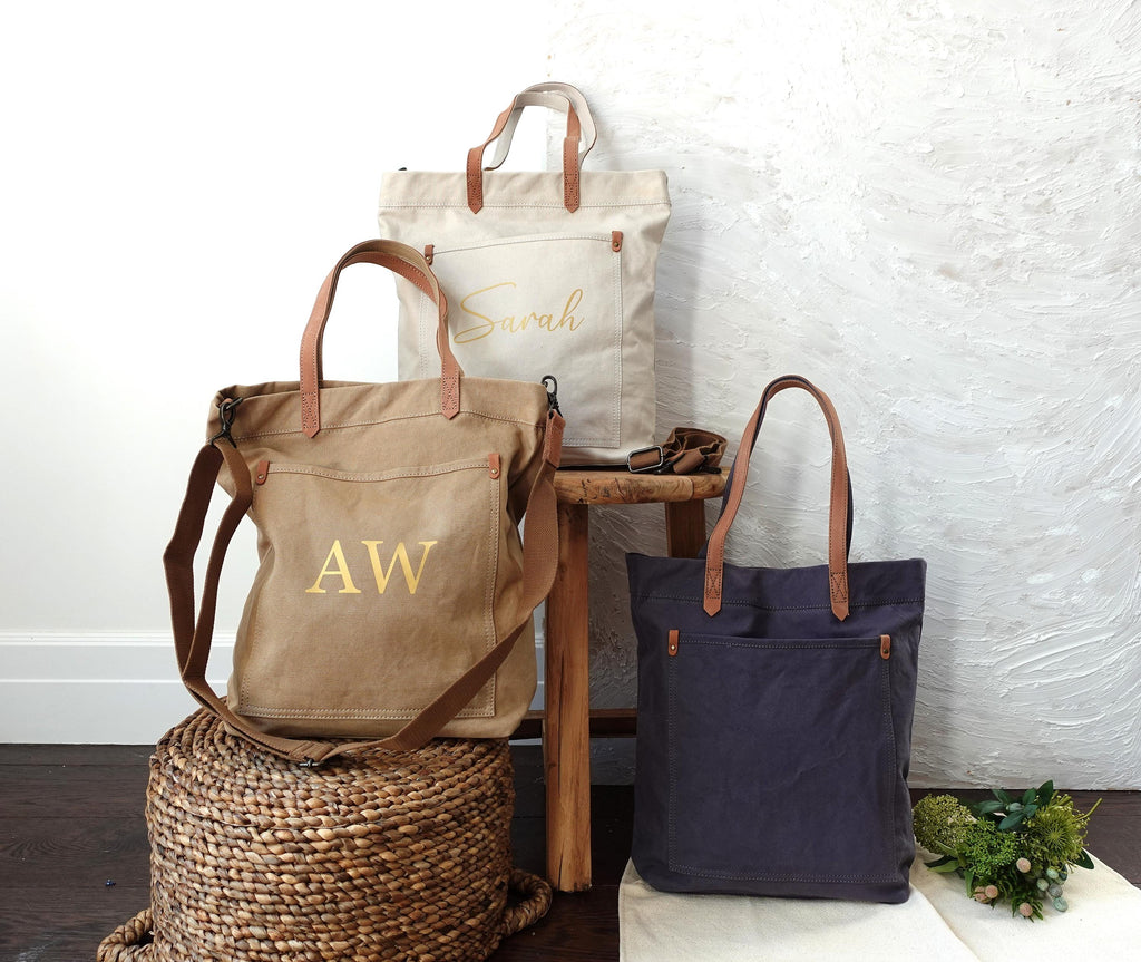 BeLettered. Personalized Unisex Canvas Tote Crossbody Bag with Leather Handles