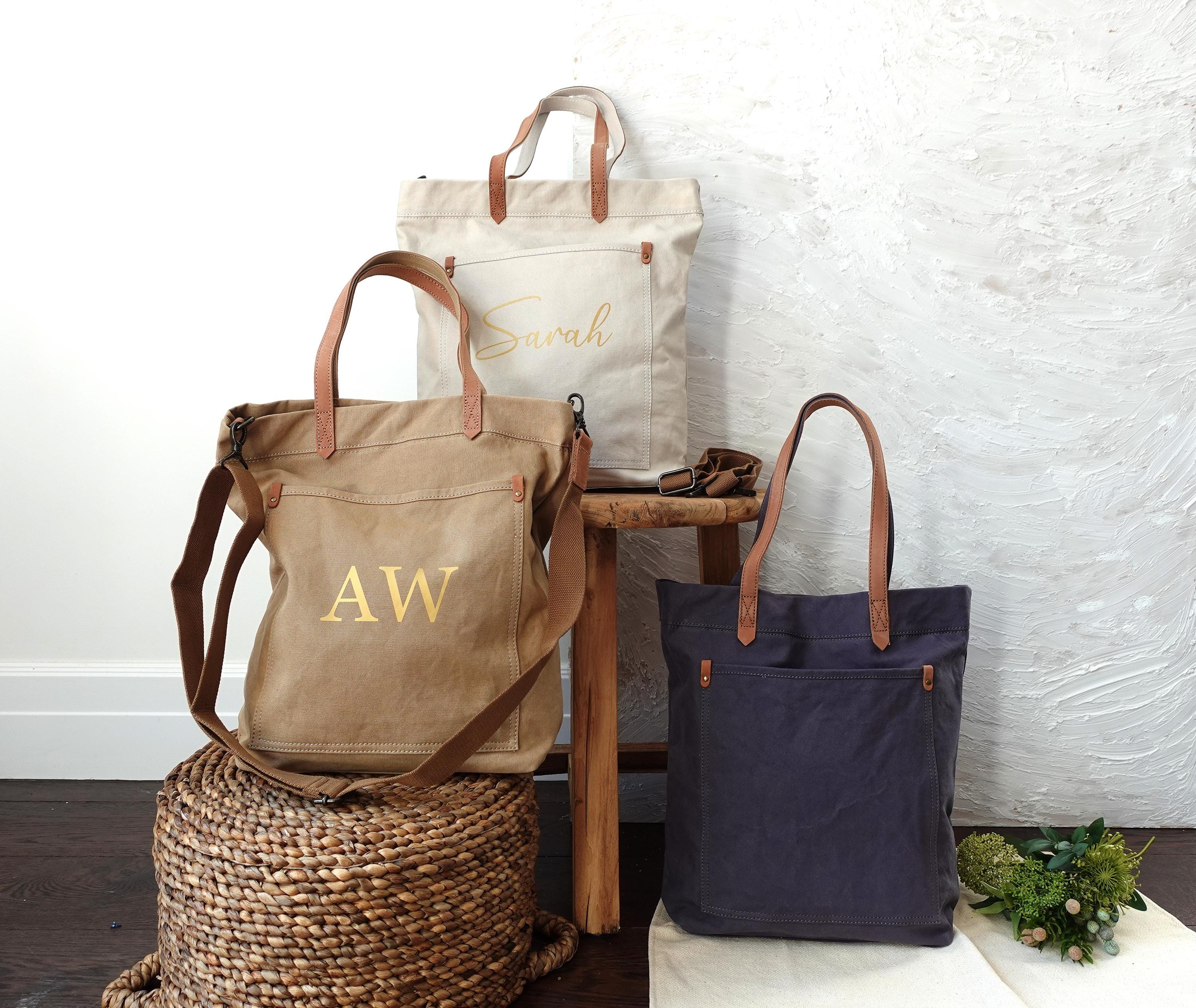 BeLettered. Personalized Unisex Canvas Tote Crossbody Bag with Leather Handles