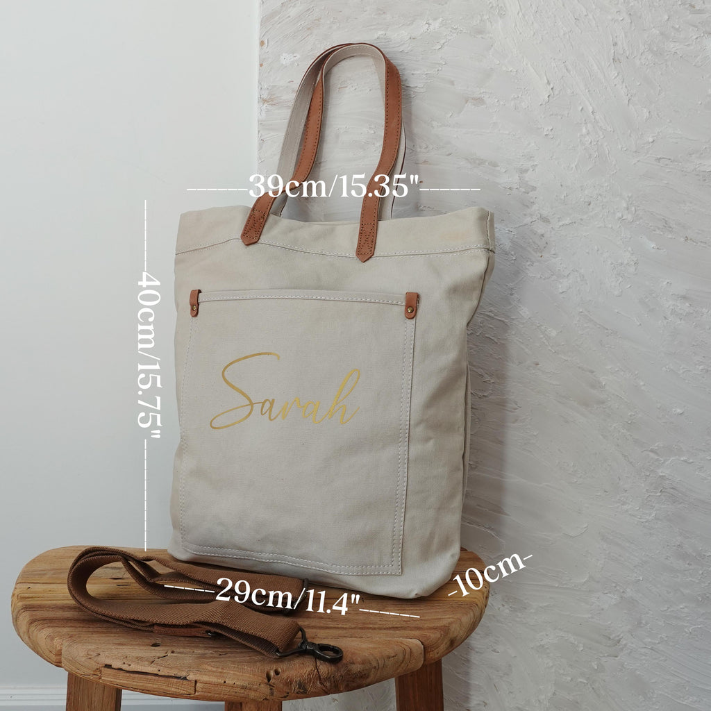 BeLettered. Personalized Unisex Canvas Tote Crossbody Bag with Leather Handles