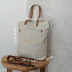 BeLettered. Personalized Unisex Canvas Tote Crossbody Bag with Leather Handles