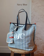 Personalized Striped Tote Bag with  Leather Handles
