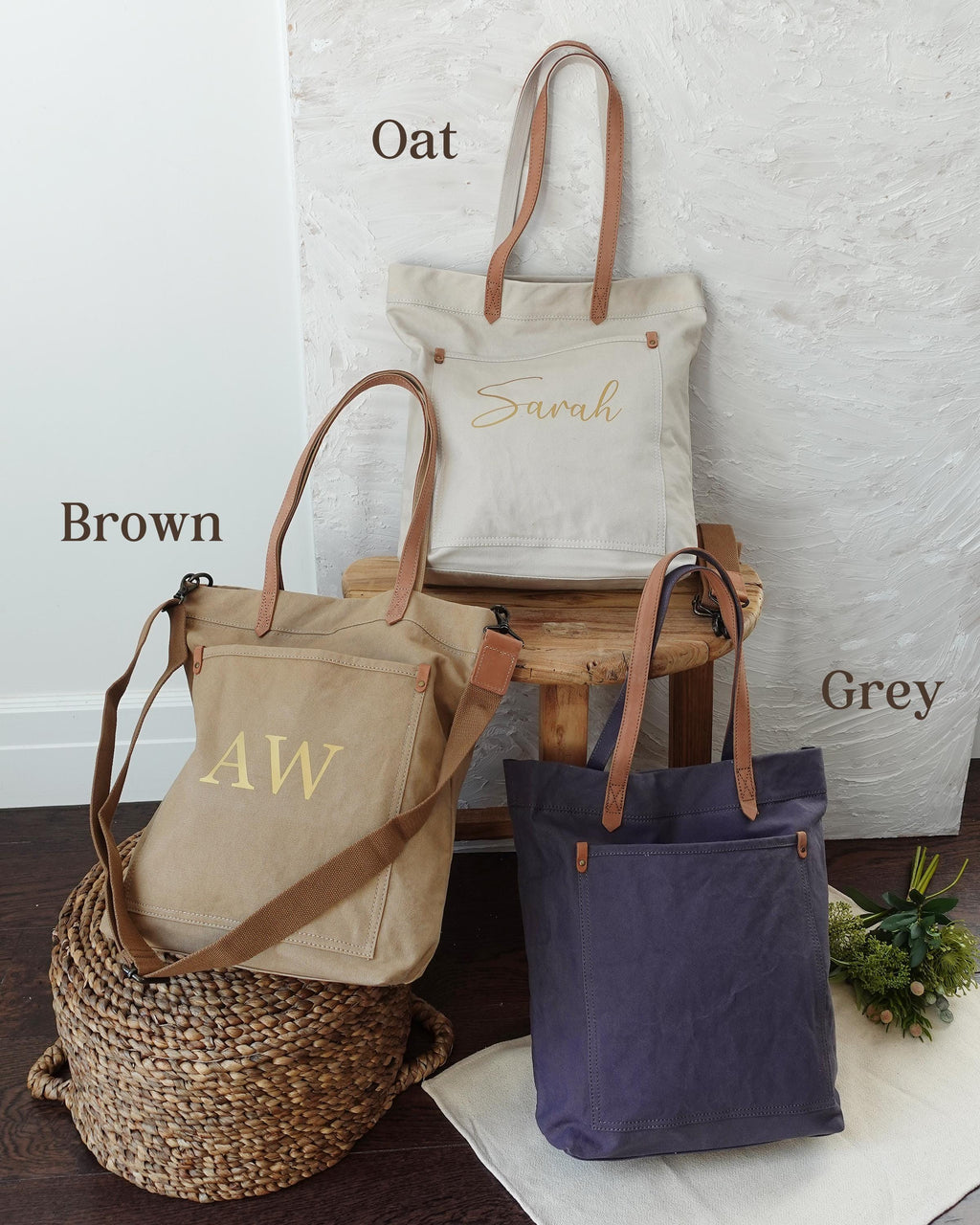 BeLettered. Personalized Unisex Canvas Tote Crossbody Bag with Leather Handles