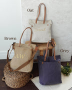 BeLettered. Personalized Unisex Canvas Tote Crossbody Bag with Leather Handles