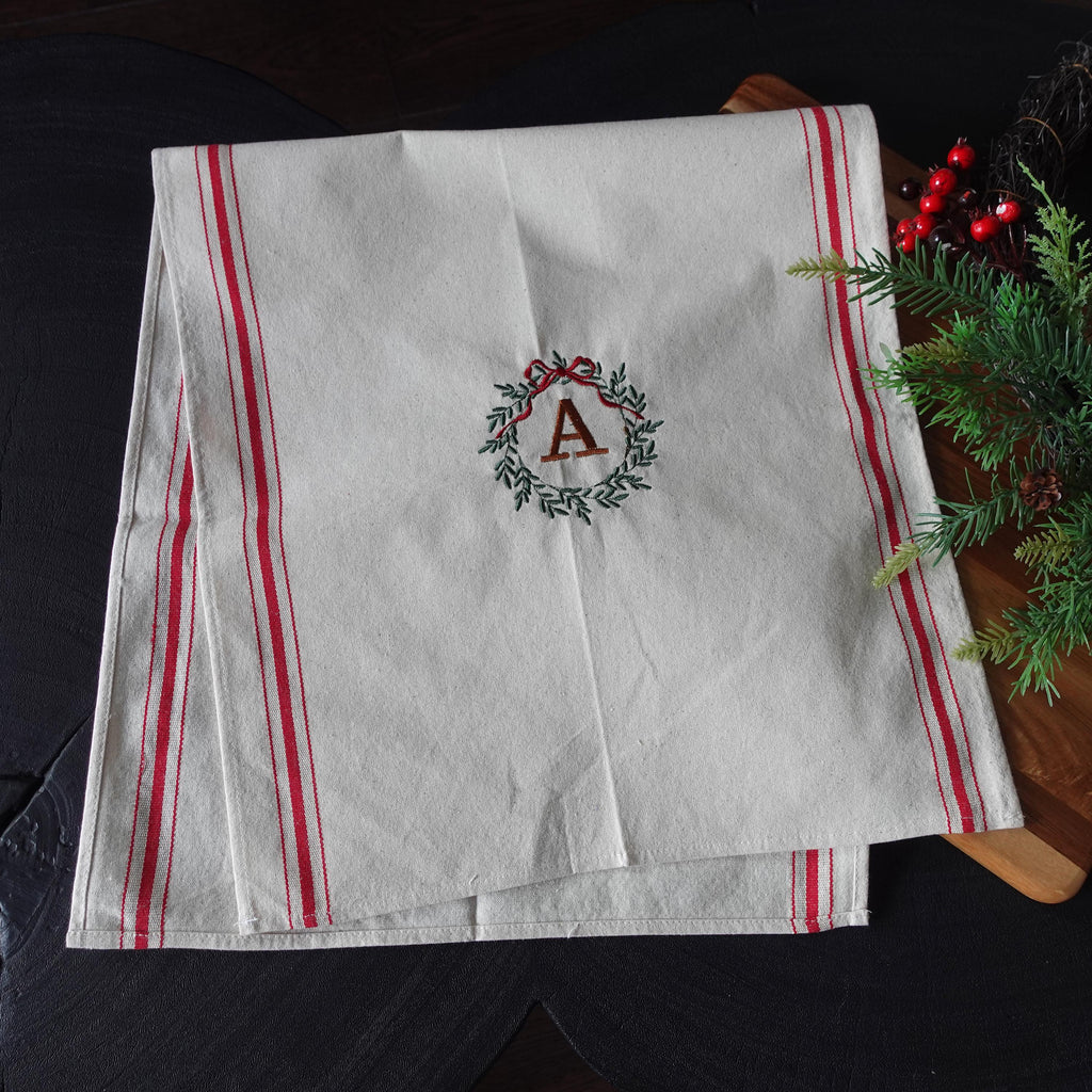 BeLettered. Personalized Christmas Tea Towel, Embroidered Wreath with Initials