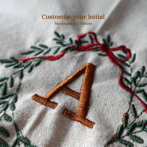 BeLettered. Personalized Christmas Tea Towel, Embroidered Wreath with Initials