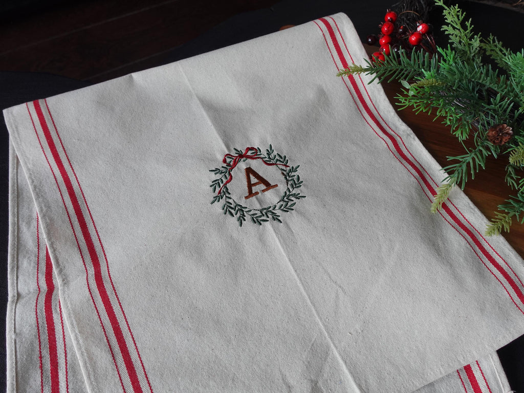 BeLettered. Personalized Christmas Tea Towel, Embroidered Wreath with Initials