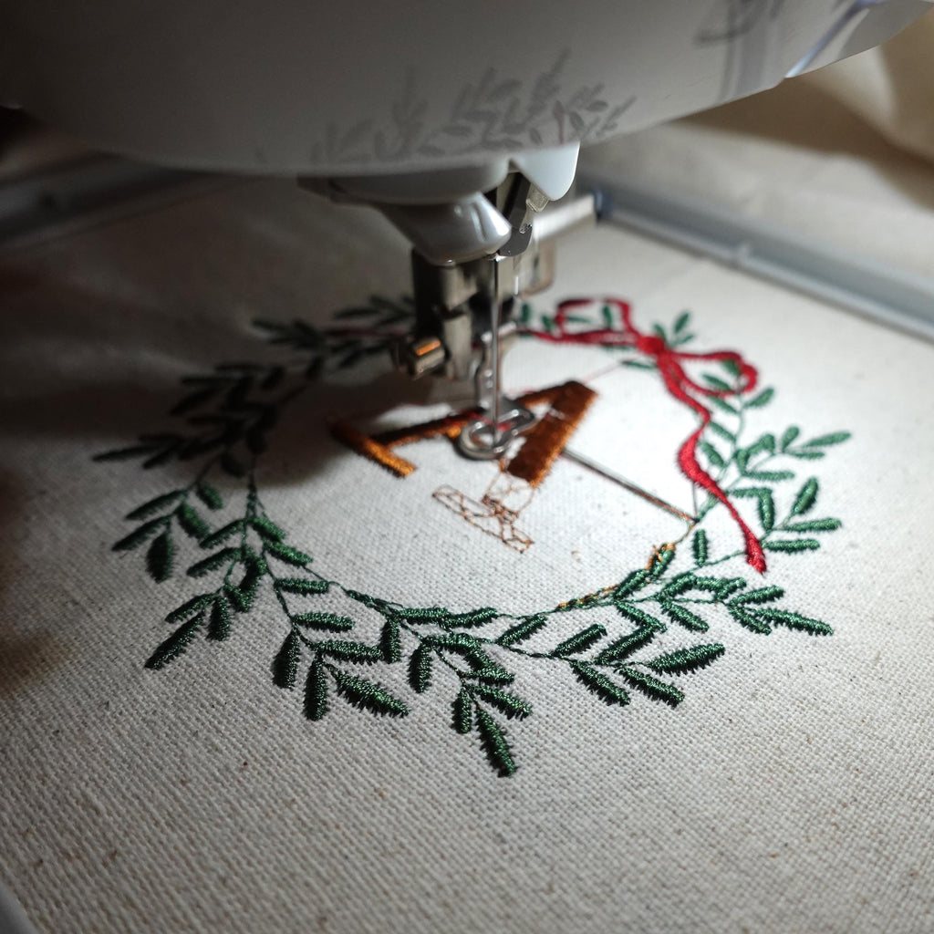 BeLettered. Personalized Christmas Tea Towel, Embroidered Wreath with Initials