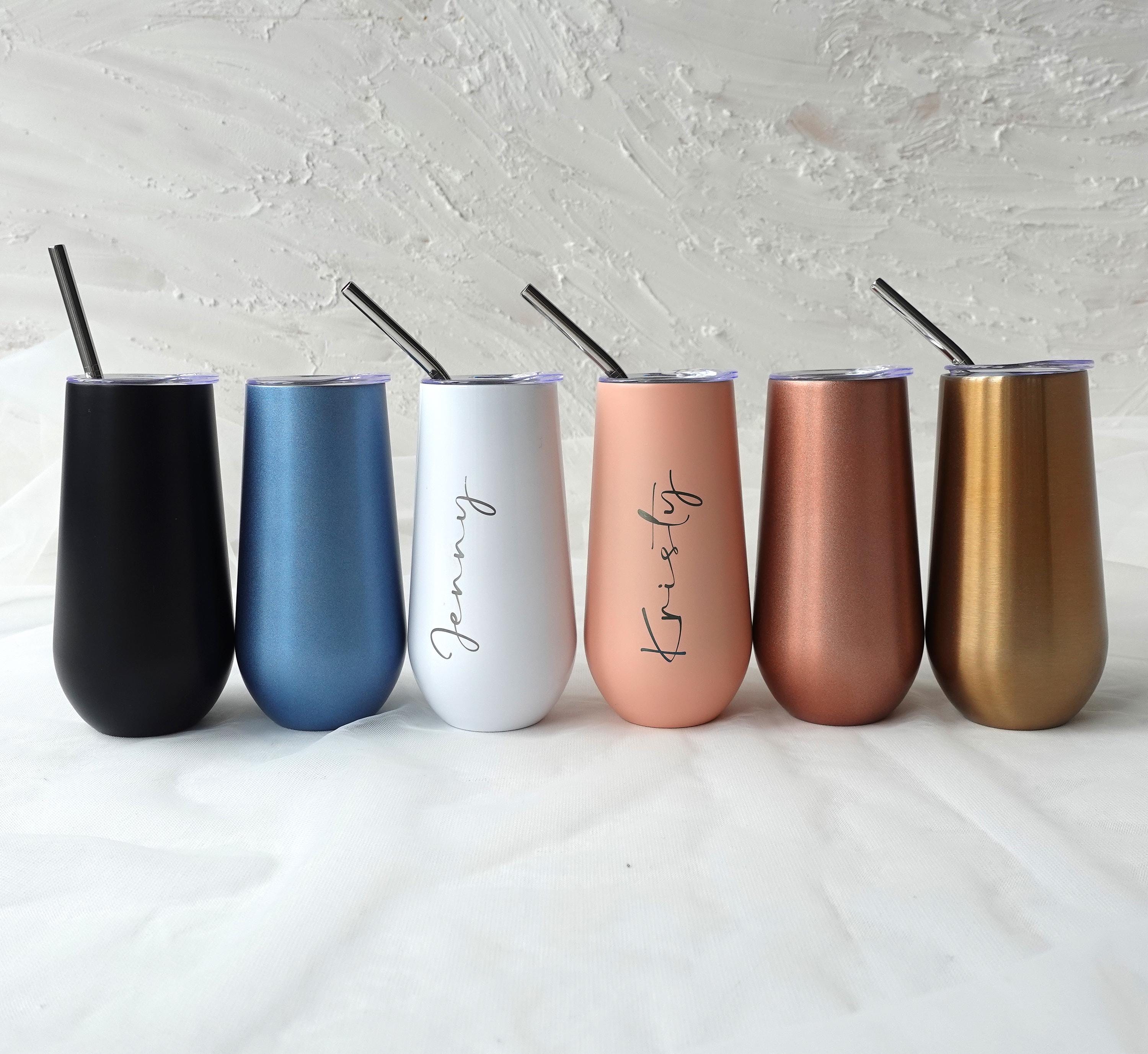 Personalised 6oz Champagne Tumbler with straw, Stainless Flute Wine Glass