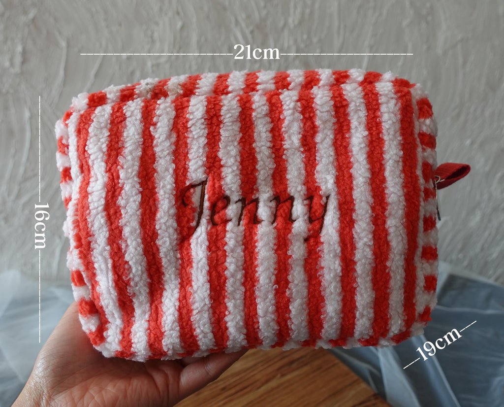 Personalized Fluffy Teddy Fleece, Striped, Large Makeup Bag