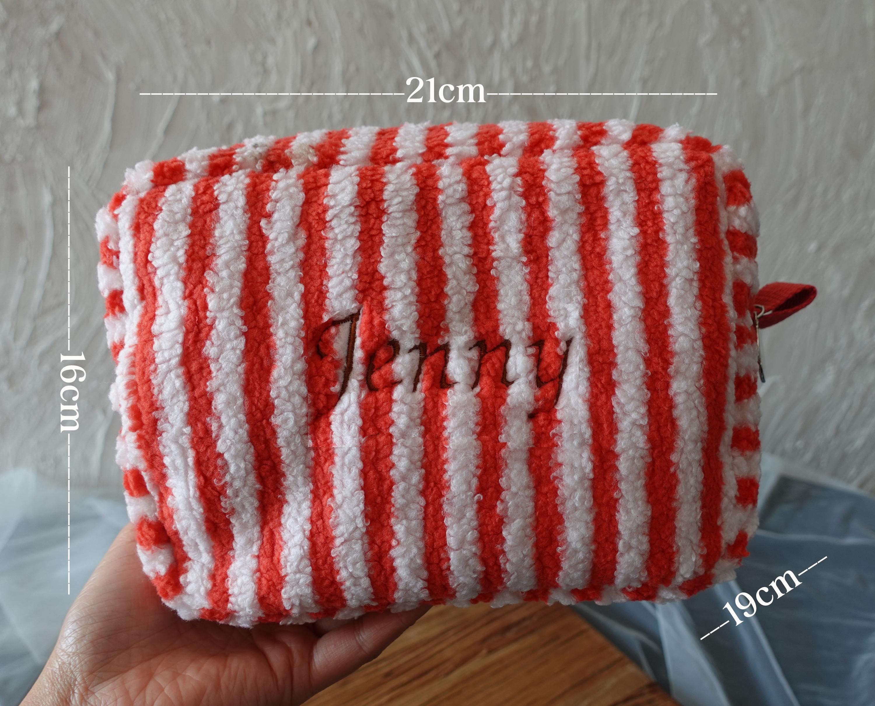 Personalized Fluffy Teddy Fleece, Striped, Large Makeup Bag