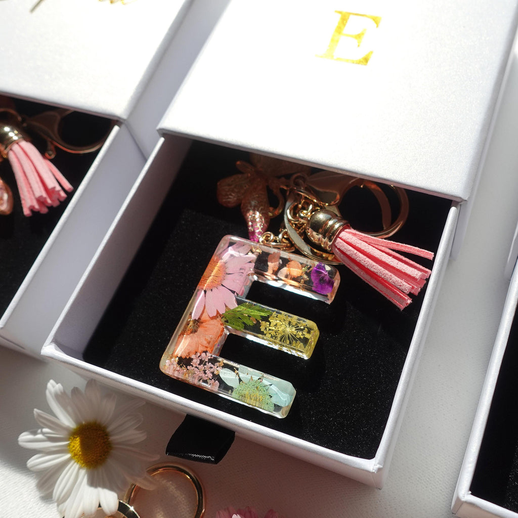 Floral Floral Resin Initial Keychain with Butterfly & Tassel
